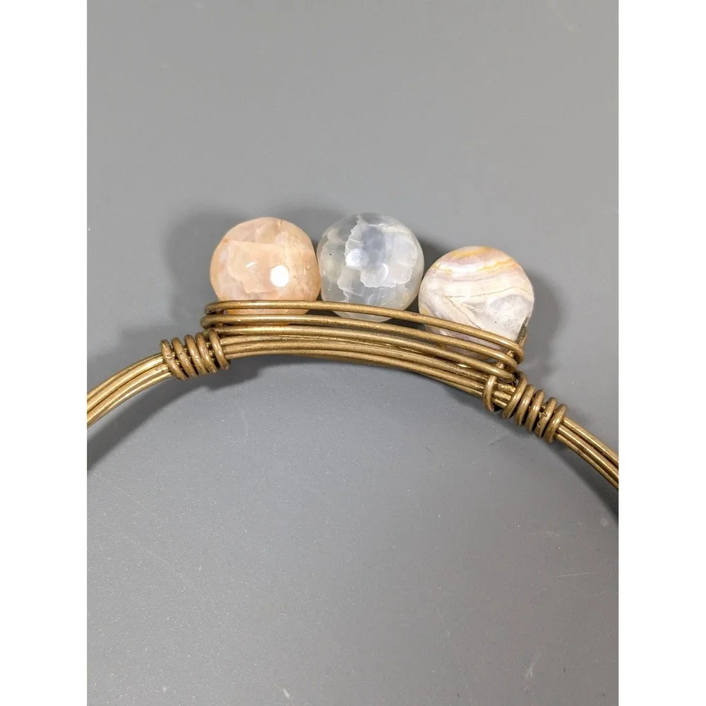 Wire Wrapped Stone Bead Bangle Bracelet Brass Tone Stackable Boho 8 Inch‎